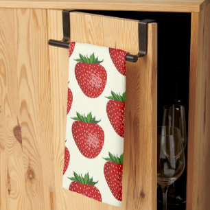 Strawberry Pattern, Red Strawberries, Fruit, Leaf Kitchen Towel