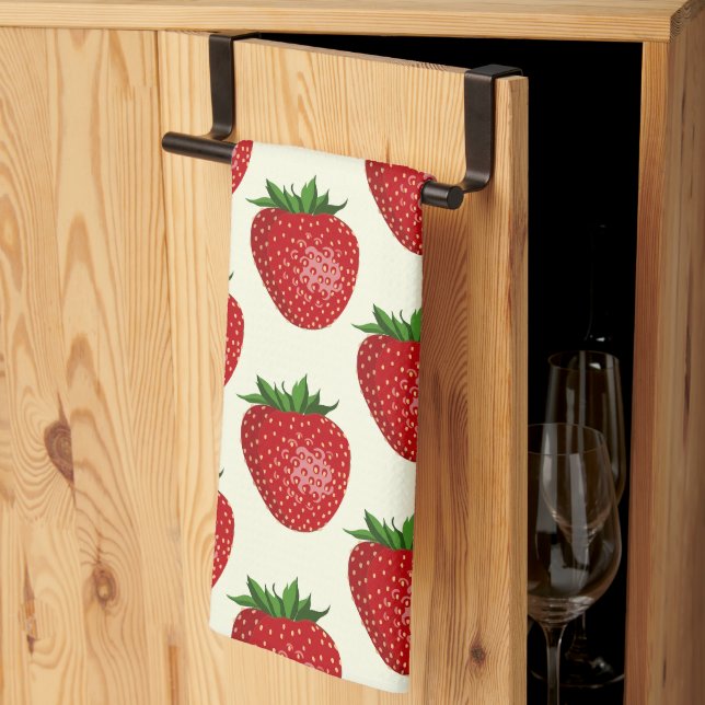 Strawberry Pattern, Red Strawberries, Fruit, Leaf Kitchen Towel (Thirds Fold)