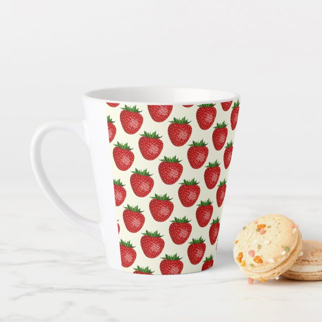 Strawberry Pattern, Red Strawberries, Fruit, Leaf Latte Mug (In Situ)