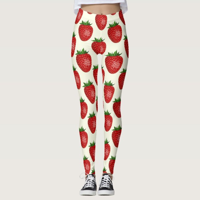 Strawberry Pattern, Red Strawberries, Fruit, Leaf Leggings (Front)
