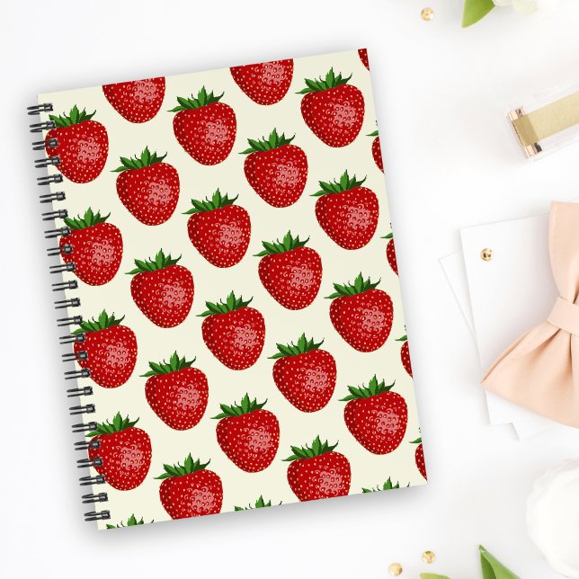 Strawberry Pattern, Red Strawberries, Fruit, Leaf Notebook (Creator Uploaded)