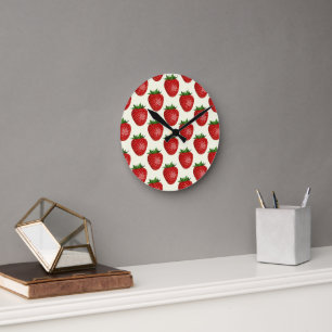 Strawberry Pattern, Red Strawberries, Fruit, Leaf Round Clock