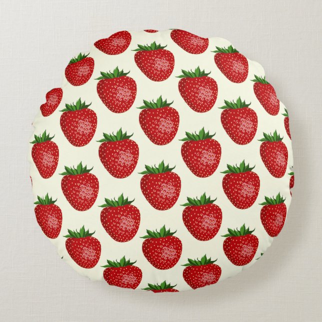 Strawberry Pattern, Red Strawberries, Fruit, Leaf Round Pillow (Front)