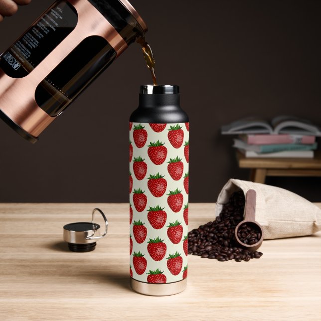 Strawberry Pattern, Red Strawberries, Fruit, Leaf Water Bottle (Coffee)