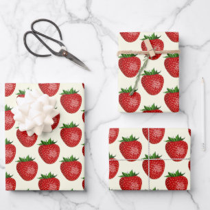 Strawberry Pattern, Red Strawberries, Fruit, Leaf Wrapping Paper Sheets
