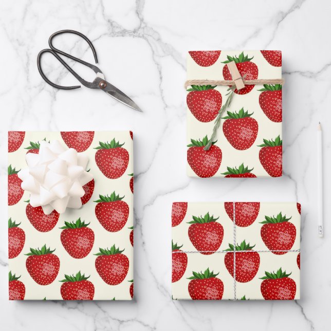 Strawberry Pattern, Red Strawberries, Fruit, Leaf Wrapping Paper Sheets (Front)