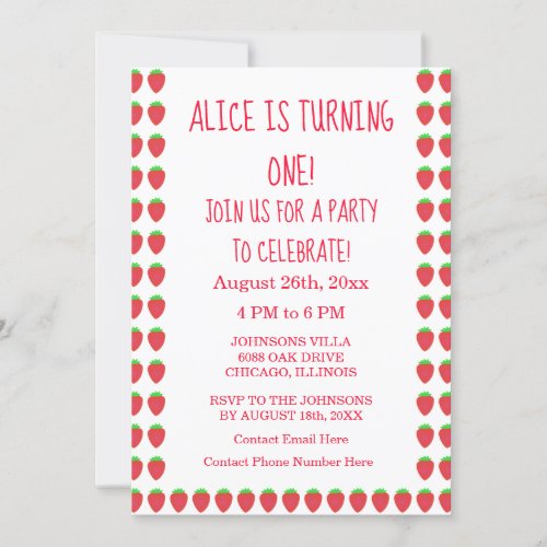 Strawberry Patterns 1st Birthday Party Custom Age  Invitation