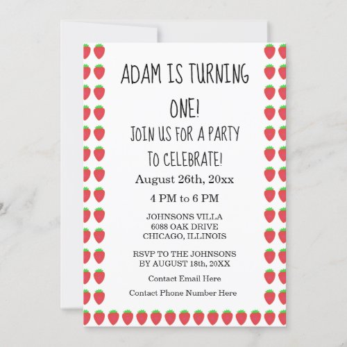 Strawberry Patterns Custom Age 1st Birthday Party  Invitation