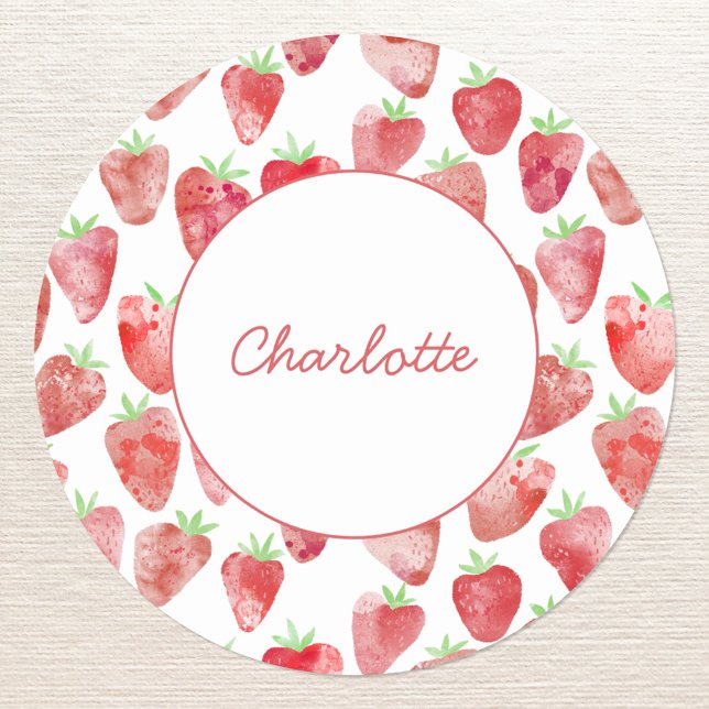 Strawberry Personalized Classic Round Sticker (Strawberry watercolor pattern personalized custom name script font sticker)