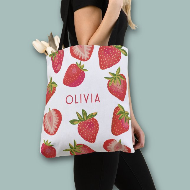 Strawberry Personalized Name Tote Bag (Peraonslized strawberry print all over print tote bag)