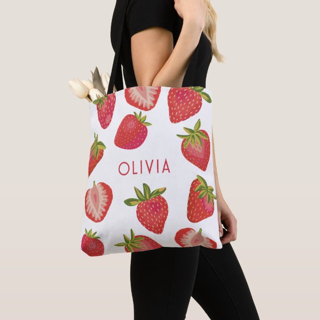 Strawberry Personalized Name Tote Bag (Close Up)
