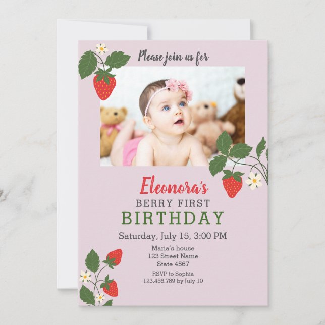 Strawberry Photo 1st Birthday Invitation (Front)