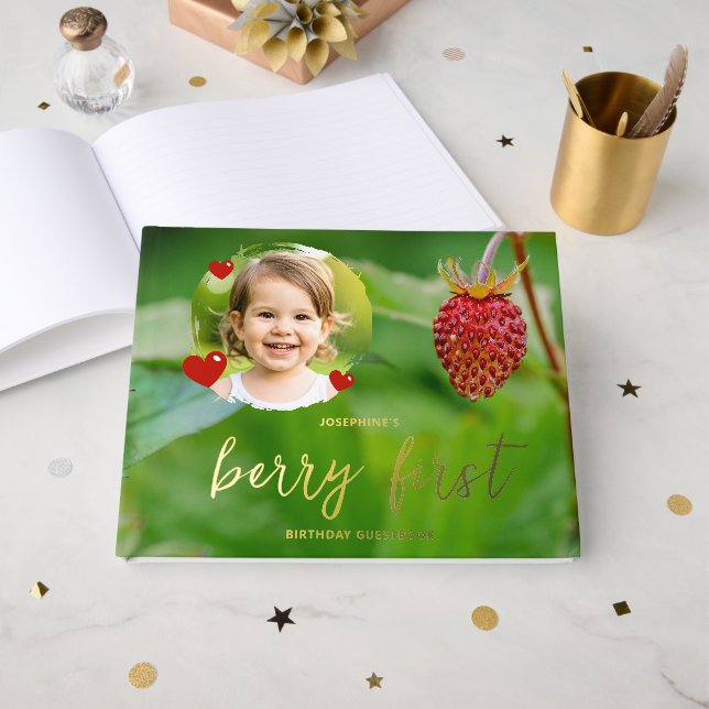 Strawberry Photo Baby's Berry First Birthday Foil Guest Book (Front Open)
