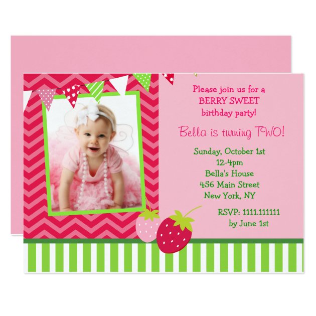 Strawberry Photo Birthday Party Invitations