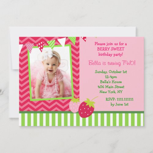 Strawberry Photo Birthday Party Invitations