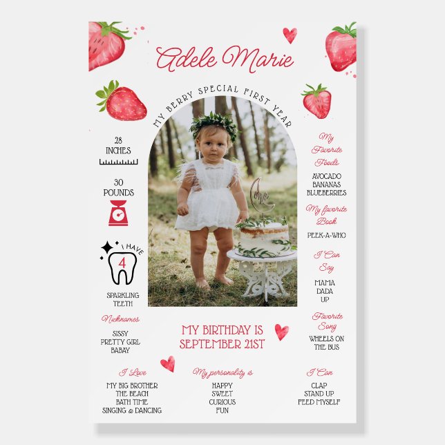 Strawberry Photo First Birthday Milestone Foam Board (Front)