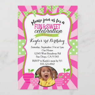 Strawberry Photo First Birthday Party Invitation
