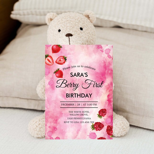 Strawberry Pink 1st Birthday BabyGirl Invitation (Creator Uploaded)