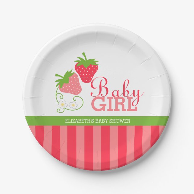 Strawberry Pink and Green Baby Shower Paper Plates (Front)