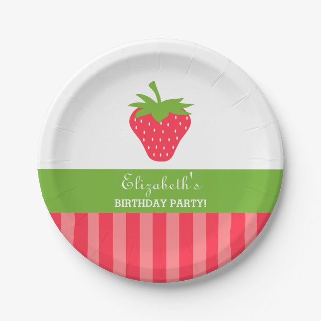 Strawberry Pink and Green Birthday Paper Plates (Front)