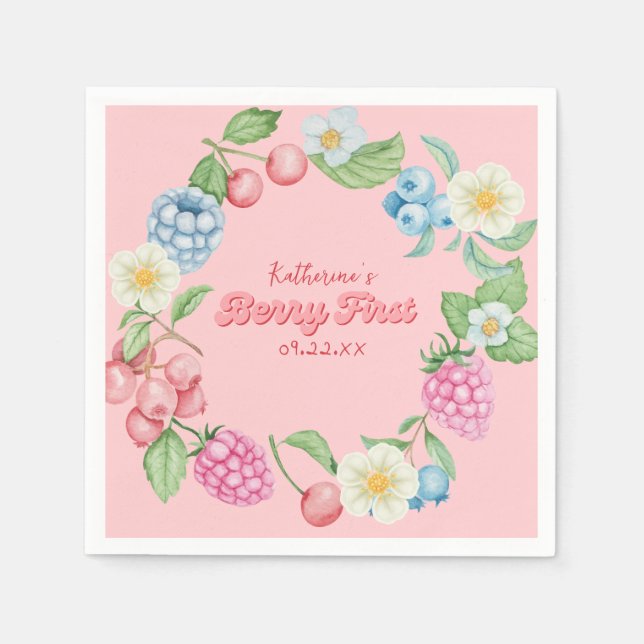 Strawberry Pink Berry First 1st Birthday  Napkins (Front)