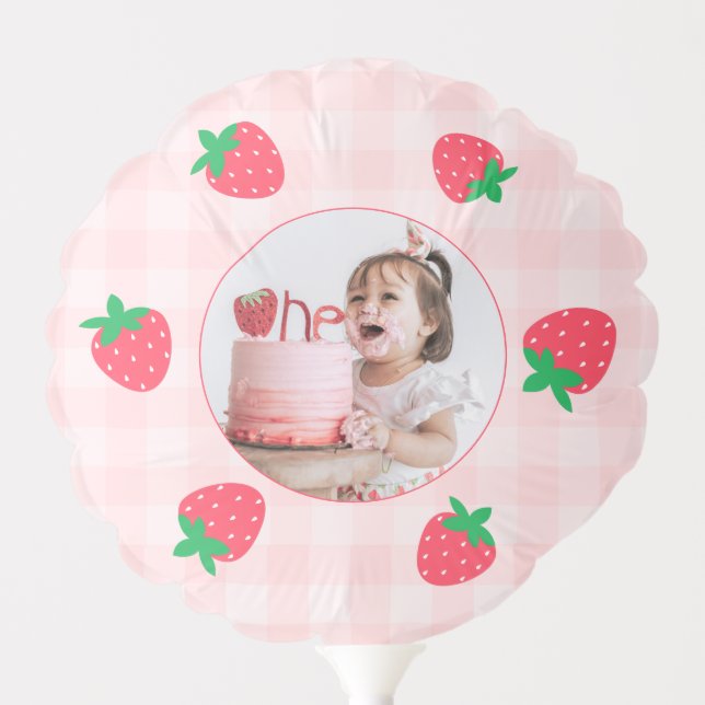 Strawberry Pink Berry First Baby Birthday Photo Balloon (Front)