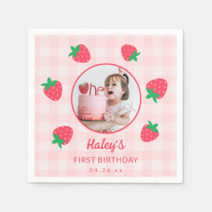 Strawberry Pink Berry First Baby Birthday Photo Napkins