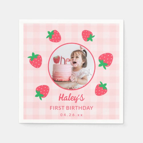 Strawberry Pink Berry First Baby Birthday Photo Napkins