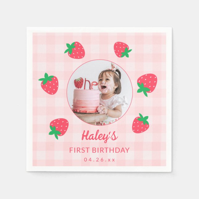 Strawberry Pink Berry First Baby Birthday Photo Napkins (Front)