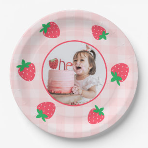 Strawberry Pink Berry First Baby Birthday Photo Paper Plates
