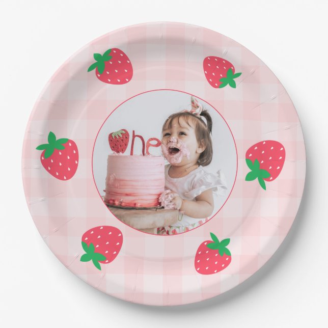 Strawberry Pink Berry First Baby Birthday Photo Paper Plates (Front)