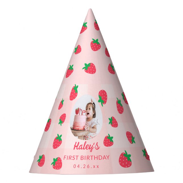 Strawberry Pink Berry First Baby Birthday Photo Party Hat (Front)