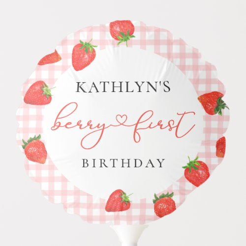 Strawberry Pink Berry First Plaid Gingham Birthday Balloon
