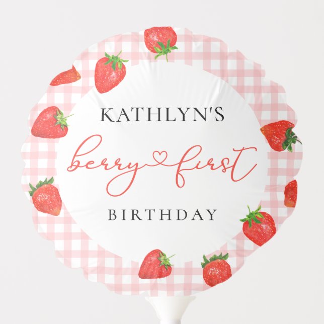 Strawberry Pink Berry First Plaid Gingham Birthday Balloon (Front)