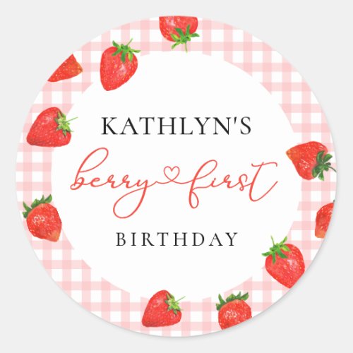 Strawberry Pink Berry First Plaid Gingham Birthday Classic Round Sticker