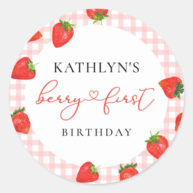 Strawberry Pink Berry First Plaid Gingham Birthday Classic Round Sticker (Front)