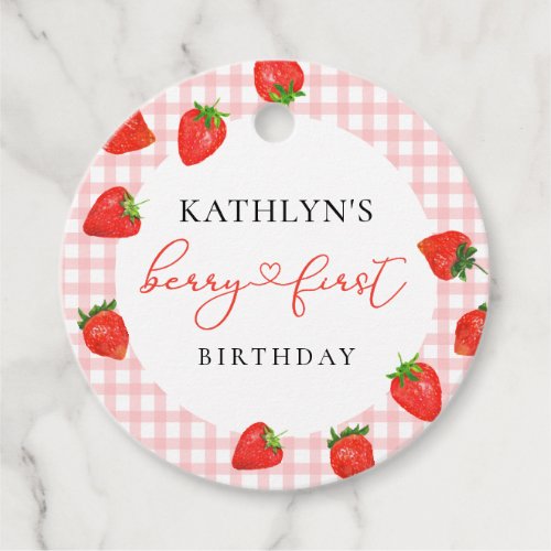 Strawberry Pink Berry First Plaid Gingham Birthday Favor Tags