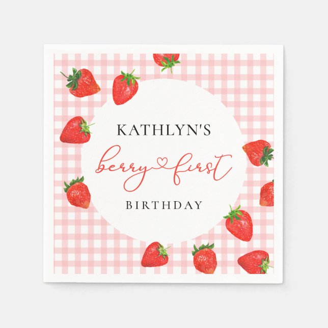 Strawberry Pink Berry First Plaid Gingham Birthday Napkins (Front)