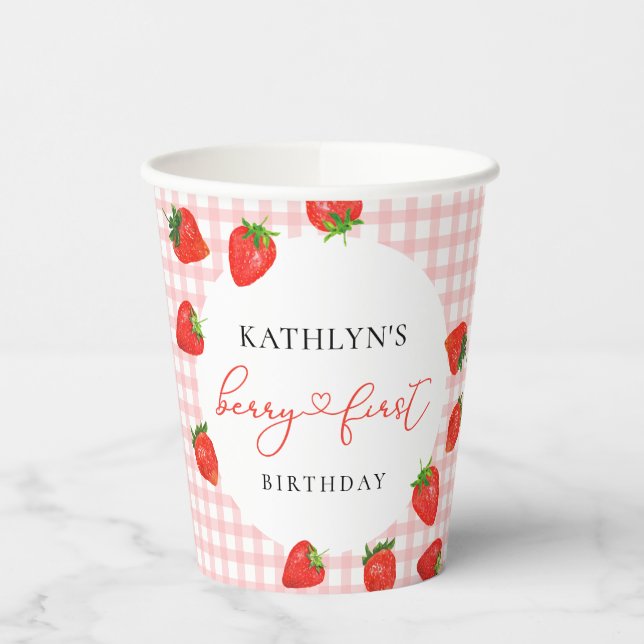 Strawberry Pink Berry First Plaid Gingham Birthday Paper Cups (Left)