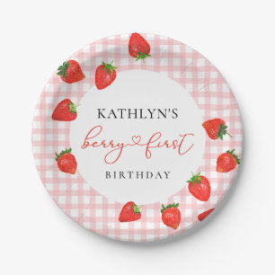 Strawberry Pink Berry First Plaid Gingham Birthday Paper Plates