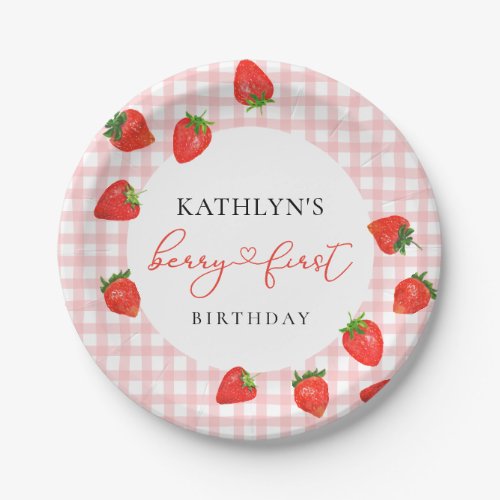 Strawberry Pink Berry First Plaid Gingham Birthday Paper Plates