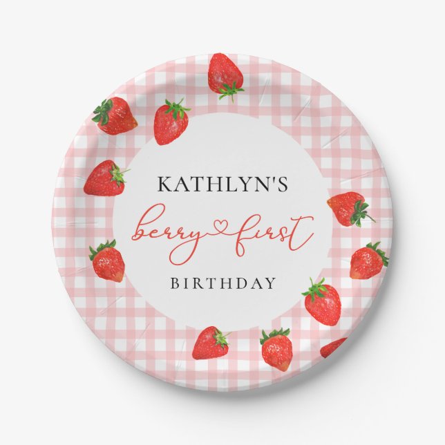 Strawberry Pink Berry First Plaid Gingham Birthday Paper Plates (Front)