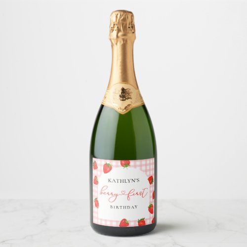 Strawberry Pink Berry First Plaid Gingham Birthday Sparkling Wine Label