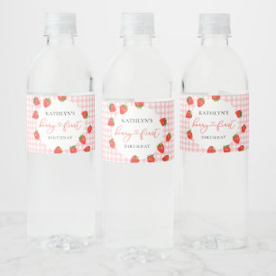 Strawberry Pink Berry First Plaid Gingham Birthday Water Bottle Label