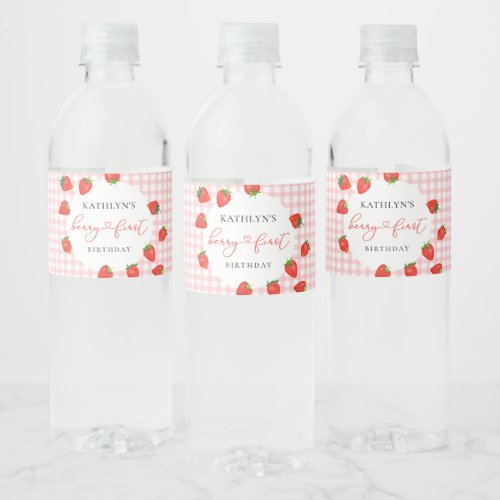 Strawberry Pink Berry First Plaid Gingham Birthday Water Bottle Label