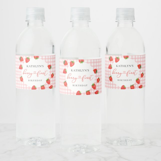 Strawberry Pink Berry First Plaid Gingham Birthday Water Bottle Label (Bottles)