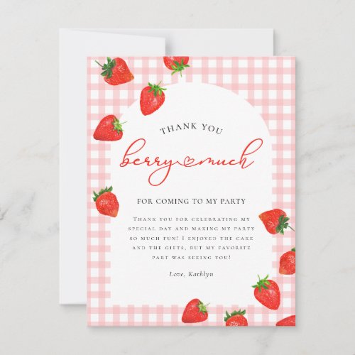 Strawberry Pink Berry Plaid Birthday Thank You Card