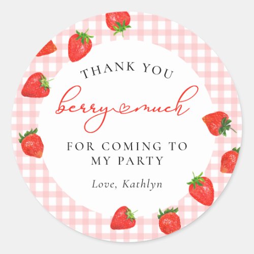 Strawberry Pink Berry Plaid Gingham Birthday Classic Round Sticker