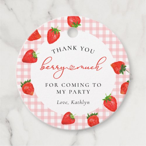 Strawberry Pink Berry Plaid Gingham Birthday Favor Tags