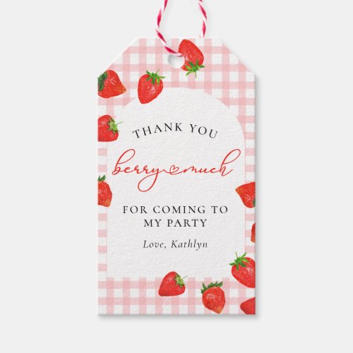 Strawberry Pink Berry Plaid Gingham Birthday Gift Tags